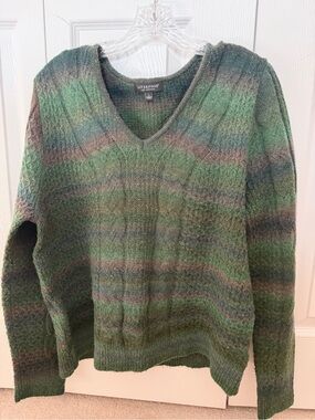 Liverpool Women's V-Neck Sweater in Green and Brown Stripe Mix